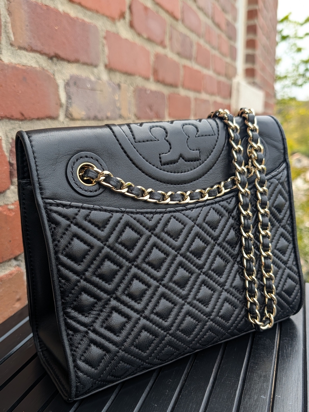 Tory Burch Fleming Quilted Leather Convertible Shoulder Bag Black Gold